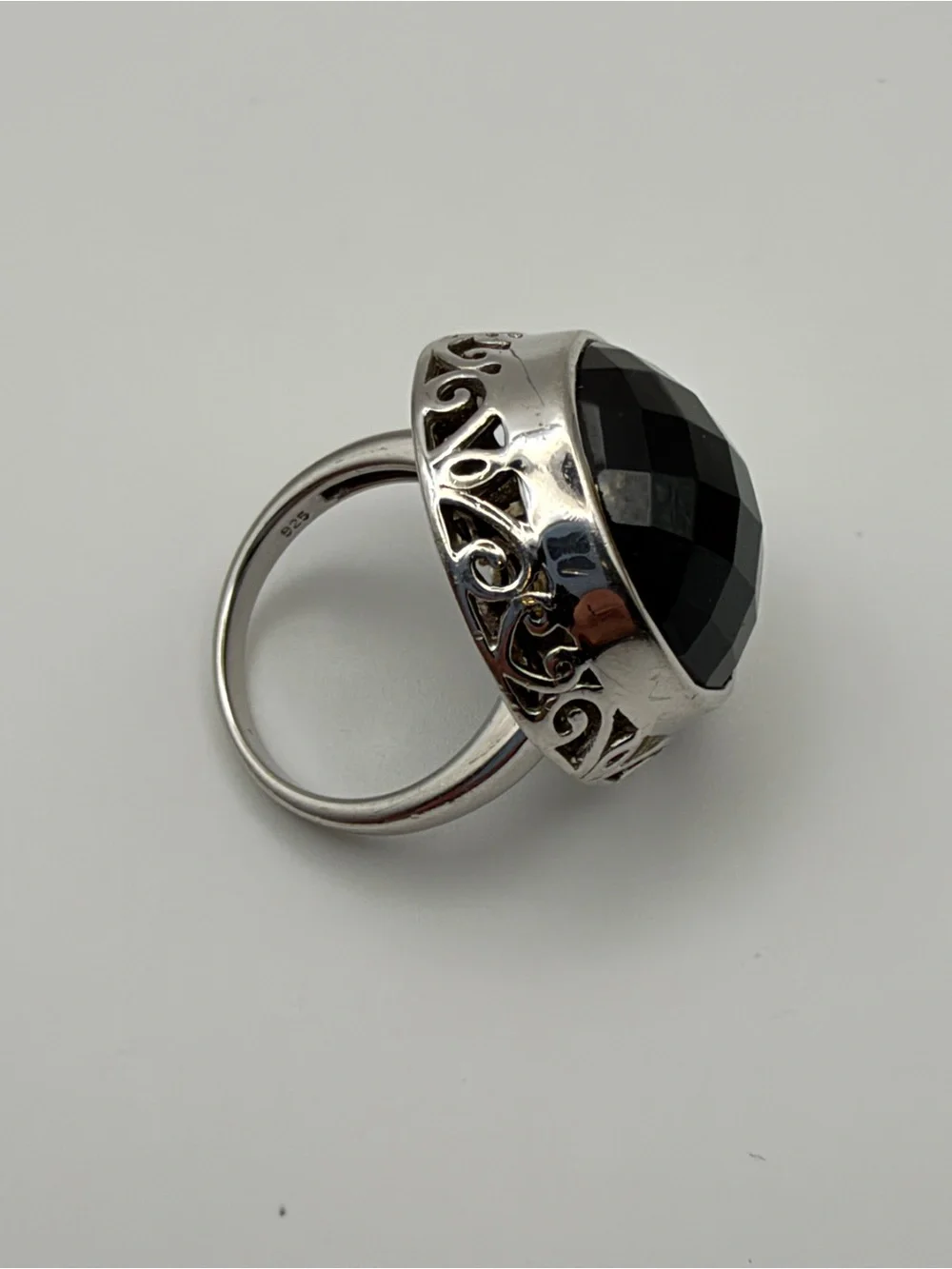VTG 925 Sterling Silver Faceted Black Onyx Statement Ring Filigree Size 6.75